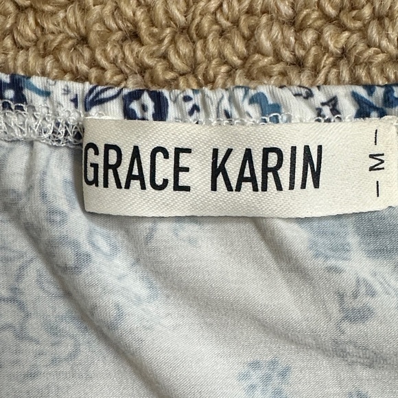 Grace Karin Blue White Strapless Maxi Dress, Pockets Boho Vacation Sundress, M - Picture 2 of 6